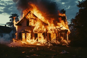 Poster - A house engulfed in flames and billowing smoke. Suitable for illustrating fire hazards and emergencies