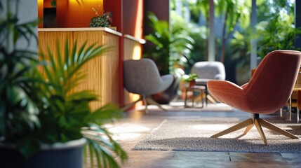 Poster - A warm and inviting living room filled with comfortable furniture and vibrant plants. Perfect for home decor and interior design projects