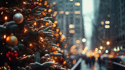 Poster - A festive Christmas tree standing tall in the middle of a bustling city street. Perfect for adding a touch of holiday spirit to any urban scene