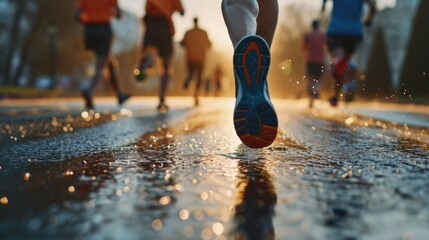 Poster - A group of people running in the rain. Perfect for illustrating teamwork, exercise, or outdoor activities.