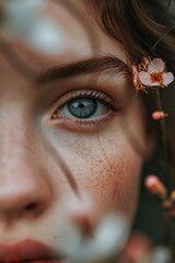 Poster - Close-up of a woman's face with a flower in her hair. Can be used for beauty and fashion concepts