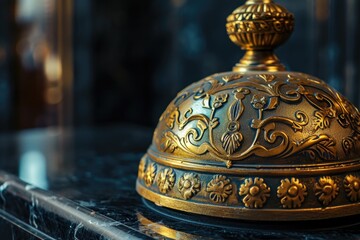 Poster - A bell resting on top of a sleek marble table. Perfect for adding a touch of elegance and sophistication to any design project