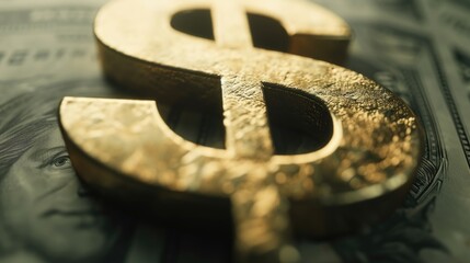 Poster - A golden dollar sign sits on top of a pile of money. This image can be used to represent wealth, success, or financial concepts