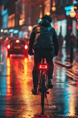 Poster - A man riding a bike down a street at night. Suitable for urban lifestyle or exercise concepts