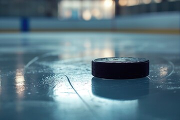 Canvas Print - A hockey puck resting on the surface of an ice rink. Suitable for sports-related projects and designs