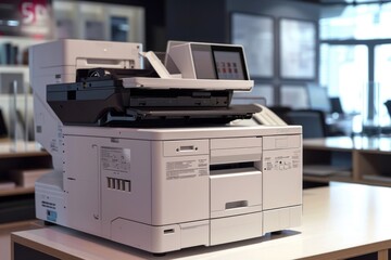 Aufkleber - A white printer sitting on top of a table. Perfect for office and technology concepts