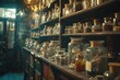 © Fotograf - A shelf filled with numerous glass jars. Can be used for storage or as a decorative display