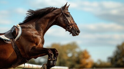Poster - A brown horse leaping over a sturdy wooden fence. Suitable for equestrian-themed designs and advertisements