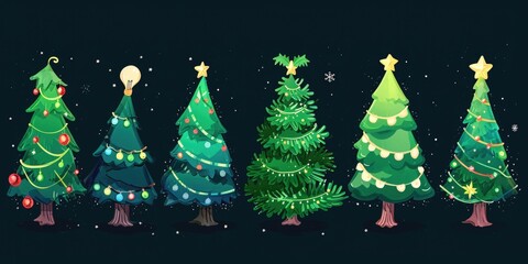 Aufkleber - A row of Christmas trees adorned with twinkling lights. Perfect for holiday decorations and festive backgrounds