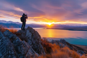Poster - A man stands on top of a mountain, holding a camera. This picture can be used to depict adventure, travel, and photography