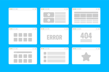 Fototapete - Web browser window, pages layout with toolbar and search field. Modern website, internet page in flat style. Browser mockup for computer, tablet and smartphone. Adaptive UI. Vector illustration