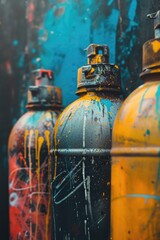 Poster - A detailed view of a yellow and blue spray can. Ideal for graphic design projects and DIY tutorials
