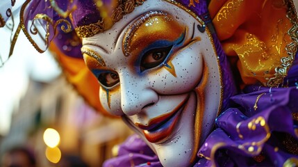 Poster - A close up of a person wearing a carnival mask. Perfect for adding a touch of mystery and intrigue to your designs