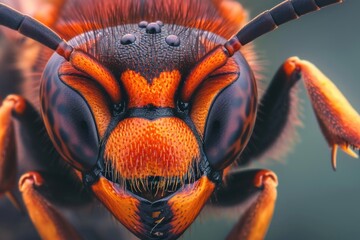 Poster - A detailed close-up of a bee's face with its eyes open. This image can be used to showcase the intricate details of a bee's anatomy and its unique features.