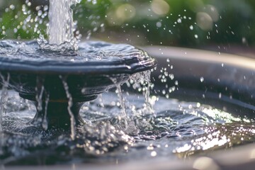 Poster - A picture of a water fountain with a bird perched on top. This image can be used to depict nature, urban landscapes, or the peacefulness of a park or garden