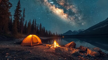 camping under stars with bonfire and tent in banff national park