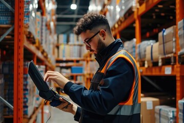 Aufkleber - A man is seen using a tablet computer in a warehouse. This image can be used to depict technology in an industrial setting