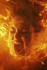 Aufkleber - A woman with her mouth open engulfed in flames. Perfect for illustrating intense emotions or fiery passions
