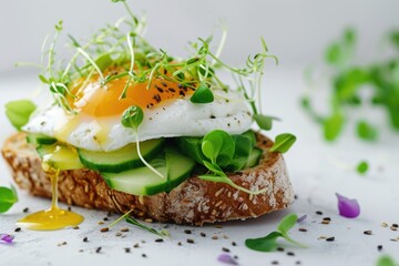 Canvas Print - A delicious piece of bread topped with a perfectly cooked egg and fresh cucumbers. Great for breakfast or brunch