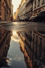 Poster - A small puddle of water on a city street. Can be used to depict urban scenes or rainy weather