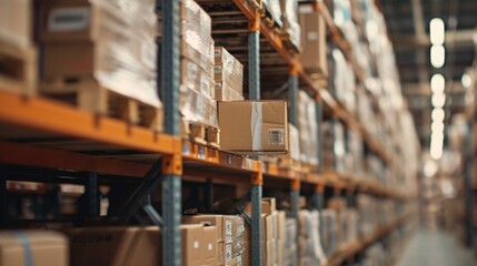 Poster - A large warehouse filled with numerous boxes. Perfect for logistics, storage, or inventory-related concepts