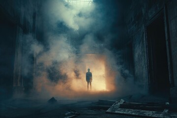 Poster - A person standing in a dark room with smoke emanating from it. Perfect for creating a mysterious and atmospheric setting.