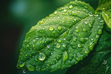 Poster - A vibrant green leaf with glistening water droplets. Perfect for nature-themed designs or environmental concepts