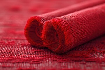 Poster - A close up view of a red cloth placed on a table. This image can be used to add a pop of color and texture to any design