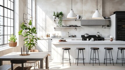 Poster - A kitchen with a table and stools next to a window. Suitable for home decor or interior design projects