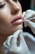 A woman receiving a lip brushing treatment from a doctor. Ideal for beauty and skincare concepts