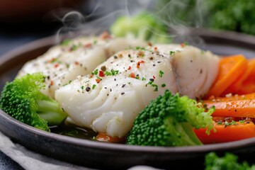 Poster - A close up shot of a plate of food with broccoli. Perfect for illustrating healthy eating habits and nutrition