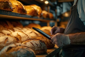 Poster - A person is holding a cell phone in front of a shelf filled with various types of bread. This image can be used to illustrate technology and food-related concepts