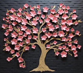 Cherry blossom tree on black brick wall, Vector illustration, Ai Generated