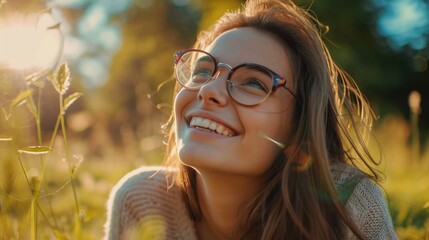 Poster - A woman with glasses smiling in a field of grass. Suitable for various uses