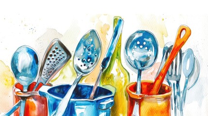 Aufkleber - A painting of spoons and utensils on a table. Can be used for kitchen-related themes