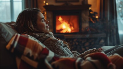 Poster - A woman is sitting on a couch in front of a fireplace. This cozy scene can be used to depict relaxation and warmth