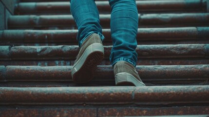 Poster - A person is shown walking up a set of stairs. This image can be used to depict progress, achievement, or the concept of moving forward