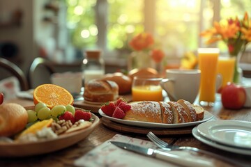 Poster - A picture of a wooden table with plates of delicious food. Perfect for showcasing a mouthwatering meal or a food-themed event