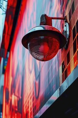 Poster - A red light is seen on the side of a building. This image can be used to depict urban nightlife or as a symbol of warning or danger