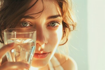 Poster - A woman holding a glass of water in front of her face. Versatile image for various purposes