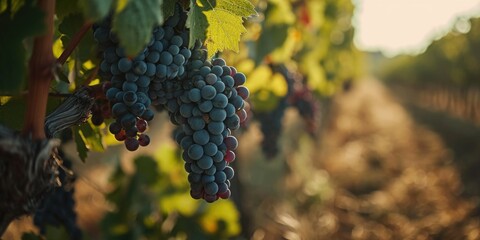Poster - A bunch of grapes hanging from a vine. Suitable for food and agriculture themes