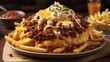 Showcase the savory eruption of chili and cheese on a bed of fries, emphasizing the indulgent combination of flavors. - Generative AI