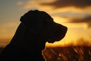 Poster - A beautiful dog sits peacefully in a field at sunset. This image can be used to convey tranquility and the beauty of nature