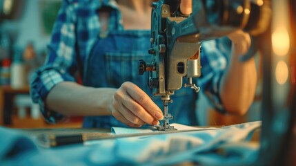 Poster - A woman sewing on a sewing machine. Ideal for fashion, textiles, and DIY projects