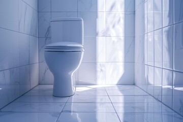 Poster - A white toilet sitting in a bathroom next to a window. Perfect for illustrating bathroom designs and interior concepts