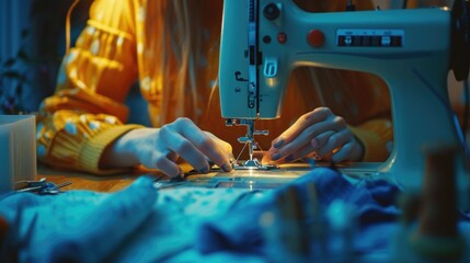 Poster - A woman using a sewing machine for sewing