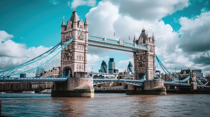 Poster - A bridge spanning over a river with a city in the background. Suitable for urban landscape and travel themes