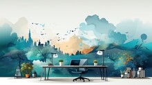 Modern Home Office With Beautiful Blue Green Watercolor Painting Of Cityscape And Mountains
