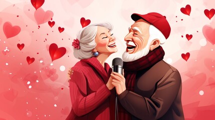 Wall Mural - Digital of a senior couple at night having fun singing at a karaoke, the mature woman is coquettish, has lipstick, earrings, varnished nails and holds a red heart, made with