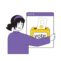 Fototapete - Online voting concept with cartoon people in flat design for web. Woman choosing candidates and putting decision checklist in vote box. Vector illustration for social media banner, marketing material.